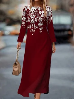 Women's Work Dress Casual Dress Semi Formal Dress Fashion Winter Dress Daily Midi Dress Print Crew Neck Long Sleeve Floral Slim Dark Brown Black White Fall Winter S M L XL XXL -Party Prom Dresses Sales Store gurmgc1694426134658