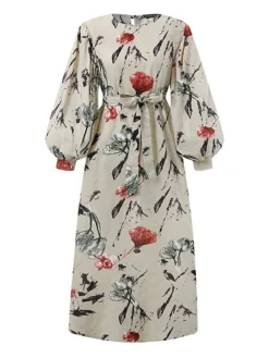 Women's Work Dress Sheath Dress Semi Formal Dress Fashion Long Dress Maxi Dress Print Crew Neck Long Sleeve Floral Loose Fit Army Green Apricot Fall Winter S M L XL XXL -Party Prom Dresses Sales Store guyebx1693374195806