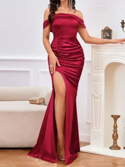 Women's Prom Dress Party Dress Satin Dress Long Dress Maxi Dress Wine Blue Short Sleeve Pure Color Ruched Spring Fall Winter Off Shoulder Fashion Birthday Evening Party Wedding Guest 2023 S M L