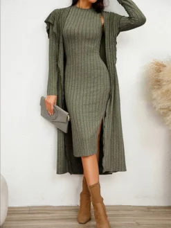 Women's Two Piece Dress Set Casual Dress Sheath Dress Home Daily Fashion Streetwear Split Midi Dress Stand Collar Long Sleeve Plain Slim Black Army Green Gray Fall Winter S M L XL XXL -Party Prom Dresses Sales Store gvfgrr1695813705821