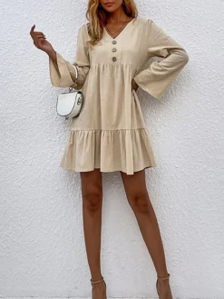 Women's Casual Dress Cotton Linen Dress Mini Dress Linen / Cotton Blend Basic Classic Outdoor Daily Vacation Split Neck Ruffle Button Long Sleeve Fall Winter Autumn 2023 Loose Fit Apricot Plain S M L -Party Prom Dresses Sales Store gweyaj1695014838892