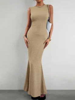 Women's Party Dress Cocktail Dress Wedding Guest Dress Long Dress Maxi Dress Blue Brown Khaki Sleeveless Pure Color Ruched Fall Autumn Crew Neck Fashion Wedding Guest Birthday Vacation 2023 S M L XL -Party Prom Dresses Sales Store gwicaj1695374693304
