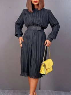 Women's Work Dress Casual Dress Black Dress Fashion Office Daily Workfashion Midi Dress Lace Up Pleated Crew Neck Long Sleeve Plain Regular Fit Black White Red Fall Winter S M L XL XXL -Party Prom Dresses Sales Store gwsiya1695645184690