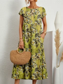 Women's Casual Dress Cotton Linen Dress Swing Dress Midi Dress Linen / Cotton Blend Fashion Ethnic Style Outdoor Daily Holiday Crew Neck Pocket Print Short Sleeve Summer Spring 2023 Loose Fit Black -Party Prom Dresses Sales Store gwuydq1689326306385