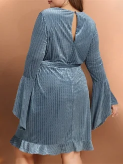 Women's Plus Size Party Dress Cocktail Dress Wedding Guest Dress Mini Dress Blue Long Sleeve Pure Color Ruffle Spring Fall Winter V Neck Fashion Winter Dress Wedding Guest Vacation 2023 XL XXL 3XL 4XL -Party Prom Dresses Sales Store gwybbk1696673438189