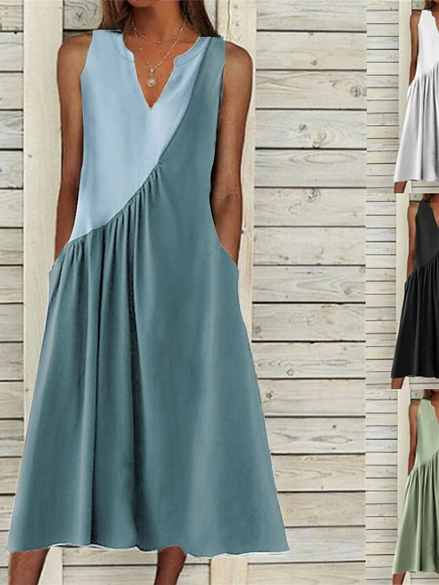 Women's Casual Dress Cotton Linen Dress Swing Dress Midi Dress Cotton Blend Fashion Basic Outdoor Daily Vacation V Neck Ruched Pocket Sleeveless Summer Spring 2023 Loose Fit Black White Blue Plain S 3 Women's Casual Dress Cotton Linen Dress Swing Dress Midi Dress Cotton Blend Fashion Basic Outdoor Daily Vacation V Neck Ruched Pocket Sleeveless Summer Spring 2023 Loose Fit Black White Blue Plain S - Image 3