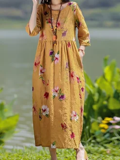 Women's Casual Dress Cotton Linen Dress Swing Dress Midi Dress Linen / Cotton Blend Sweet Style Modern Outdoor Daily Holiday Crew Neck Print 3/4 Length Sleeve Fall Winter Autumn 2023 Loose Fit Yellow 17 Women's Casual Dress Cotton Linen Dress Swing Dress Midi Dress Linen / Cotton Blend Sweet Style Modern Outdoor Daily Holiday Crew Neck Print 3/4 Length Sleeve Fall Winter Autumn 2023 Loose Fit Yellow -Party Prom Dresses Sales Store gxnjbg1693553159584