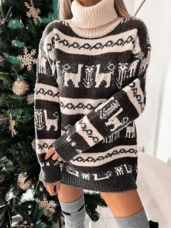 Women‘s Christmas Sweater Dress Jumper Dress Winter Dress Fashion Ugly Christmas Christmas Daily Vacation Going Out Turtleneck Long Sleeve Patchwork 2023 Loose Fit Red Gray S M L XL