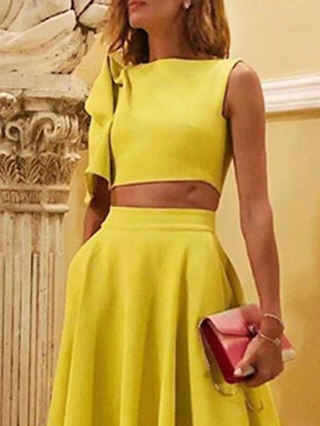 Women's Dress Set Two Piece Dress Swing Dress Long Dress Maxi Dress Yellow Short Sleeve Pure Color Ruffle Spring Summer Crew Neck Party Party 2023 S M L XL 2 Women's Dress Set Two Piece Dress Swing Dress Long Dress Maxi Dress Yellow Short Sleeve Pure Color Ruffle Spring Summer Crew Neck Party Party 2023 S M L XL - Image 2