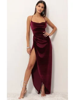 Women‘s Party Dress Wedding Guest Dress Velvet Dress Red Long Dress Maxi Dress Purple Red Wine Sleeveless Pure Color Lace Up Split Velvet Spring Summer Spaghetti Strap Elegant Sexy Slim S M L XL XXL -Party Prom Dresses Sales Store gyhtmg1625477183823