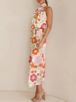 Women's Prom Dress Party Dress Satin Dress Long Dress Maxi Dress White Blue Orange Sleeveless Floral Ruched Fall Winter Autumn Halter Neck Fashion Evening Party Vacation 2023 S M L XL -Party Prom Dresses Sales Store gyivot1694592351184