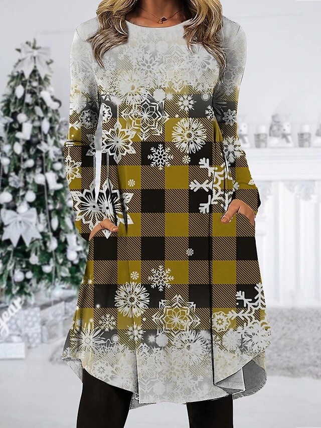 Women's Christmas Work Dress Casual Dress Fashion Winter DressDaily Midi Dress Pocket Print Crew Neck Long Sleeve Plaid Snowflake Regular Fit Wine Brown Green Fall Winter S M L XL XXL 2 Women's Christmas Work Dress Casual Dress Fashion Winter DressDaily Midi Dress Pocket Print Crew Neck Long Sleeve Plaid Snowflake Regular Fit Wine Brown Green Fall Winter S M L XL XXL - Image 2