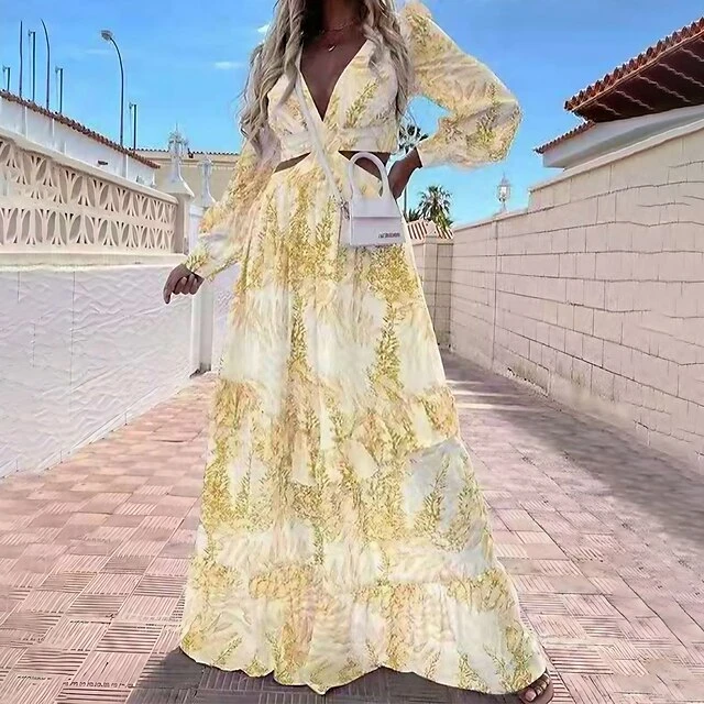 Women's Swing Dress Maxi Long Dress Light Purple Green Blue Yellow Long Sleeve Print Hollow Out Spring Summer V Neck Stylish Elegant Vacation 2023 S M L XL XXL 1 Women's Swing Dress Maxi Long Dress Light Purple Green Blue Yellow Long Sleeve Print Hollow Out Spring Summer V Neck Stylish Elegant Vacation 2023 S M L XL XXL