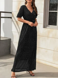 Women's Long Dress Maxi Dress Party Dress Formal Dress Summer Dress Pure Color Streetwear Modern Party Outdoor Holiday Lace Up Split Short Sleeve V Neck Dress Loose Fit Black Red Blue Summer Spring S -Party Prom Dresses Sales Store gzmyly1678860557819