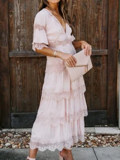 Women's Party Dress Lace Dress White Dress Midi Dress Black Pink White Half Sleeve Pure Color Lace Spring Summer V Neck S M L XL XXL -Party Prom Dresses Sales Store gznhtm1630555191415