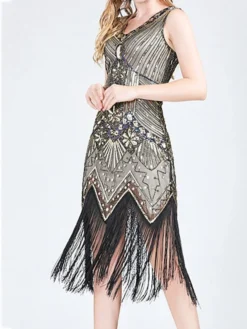 Women‘s Halloween Dress Retro 1920s Fringe Dress Midi Dress Party Outdoor Sequins Tassel Fringe Plain V Neck Sleeveless Regular Fit Summer Spring 2023 Claret Black S M L XL -Party Prom Dresses Sales Store gzsgjx1677052186785