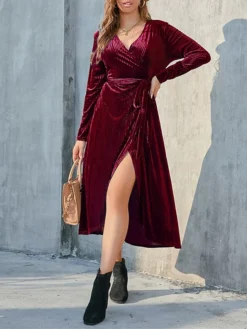 Women's Party Dress Velvet Dress Cocktail Dress Midi Dress Black Wine Brown Long Sleeve Pure Color Lace Up Spring Fall Winter V Neck Fashion Winter Dress Birthday Wedding Guest 2023 S M L XL XXL 3XL -Party Prom Dresses Sales Store gzunew1692078937142