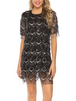 Women‘s Party Dress Fringe Dress Sequin Dress Homecoming Dress Mini Dress Black Champagne Short Sleeve Pure Color Sparkly Glitter Sequins Spring Fall Winter Crew Neck Fashion Winter Dress