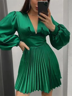 Women's Party Dress Satin Dress Swing Dress Mini Dress Claret Black Blue Long Sleeve Pure Color Pleated Fall Winter Autumn V Neck Stylish Party Winter Dress Birthday 2023 S M L XL 2XL -Party Prom Dresses Sales Store hahavi1666175473872