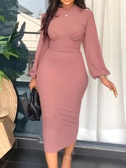 Women's Work Dress Sheath Dress Black Dress Fashion Midi Dress Ruched Crew Neck Long Sleeve Plain Slim Black Pink Red Fall Winter S M L XL -Party Prom Dresses Sales Store hahfka1693214207657