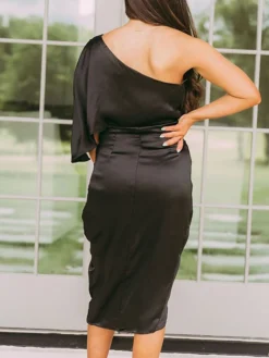 Women's Party Dress Cocktail Dress Satin Dress Midi Dress Black Gold Dark Blue Short Sleeve Pure Color Ruched Spring Fall One Shoulder Fashion Office Wedding Guest Vacation 2022 S M L XL -Party Prom Dresses Sales Store haiowu1634955677141