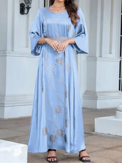 Women's Prom Dress Party Dress Swing Dress Long Dress Maxi Dress Wine Dark Blue Light Blue 3/4 Length Sleeve Leaf Beads Spring Fall Winter V Neck Fashion Winter Dress Wedding Guest Evening Party 2023 -Party Prom Dresses Sales Store haqede1696839865111