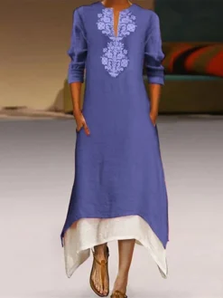 Women's Casual Dress Cotton Linen Dress A Line Dress Maxi Long Dress Cotton Blend Fashion Casual Outdoor Daily Split Neck Patchwork Pocket 3/4 Length Sleeve Summer Spring Fall 2023 Regular Fit Yellow -Party Prom Dresses Sales Store hblmvo1687679842483