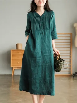 Women's Work Dress Sheath Dress Semi Formal Dress Fashion Midi Dress Button V Neck Half Sleeve Plain Loose Fit White Blue Orange Fall Winter L XL XXL 3XL