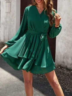 Women's Party Dress Cocktail Dress Wedding Guest Dress Mini Dress Black Pink Wine Long Sleeve Pure Color Lace Up Fall Winter Autumn V Neck Fashion Winter Dress Wedding Guest Vacation 2023 S M L XL -Party Prom Dresses Sales Store hcgegw1694586569049