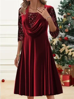 Women's Velvet Dress Party Dress Sequin Dress Midi Dress Wine Long Sleeve Pure Color Sequins Spring Fall Winter Crew Neck Fashion Winter Dress Christmas Wedding Guest 2023 S M L XL XXL 3XL