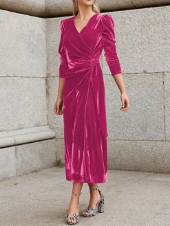 Women's Party Dress Velvet Dress Cocktail Dress Midi Dress Black Red Royal Blue Long Sleeve Pure Color Lace Up Spring Fall Winter V Neck Fashion Winter Dress Wedding Guest Vacation 2023 S M L XL -Party Prom Dresses Sales Store hdqvow1692858678709