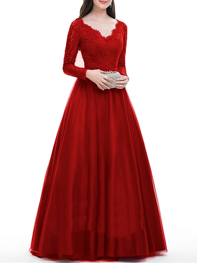 Women‘s Formal Party Dress Wedding Guest Dress Lace Dress Sheath Dress Long Dress Maxi Dress Red Long Sleeve Pure Color Lace Winter Fall Autumn V Neck Winter Dress Slim S M L XL 2 Women‘s Formal Party Dress Wedding Guest Dress Lace Dress Sheath Dress Long Dress Maxi Dress Red Long Sleeve Pure Color Lace Winter Fall Autumn V Neck Winter Dress Slim S M L XL - Image 2