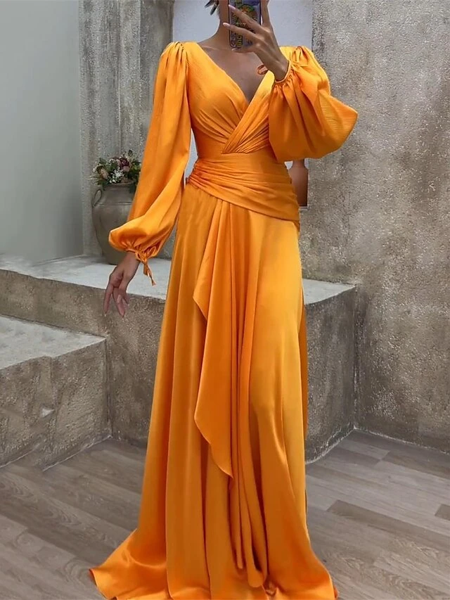 Women's Prom Dress Party Dress Satin Dress Long Dress Maxi Dress Orange Long Sleeve Pure Color Layered Spring Fall Winter V Neck Fashion Winter Dress Evening Party Wedding Guest 2023 S M L XL XXL 3XL 2 Women's Prom Dress Party Dress Satin Dress Long Dress Maxi Dress Orange Long Sleeve Pure Color Layered Spring Fall Winter V Neck Fashion Winter Dress Evening Party Wedding Guest 2023 S M L XL XXL 3XL - Image 2