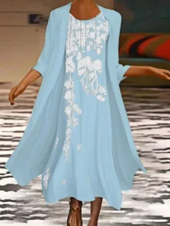 Women's Two Piece Dress Set Casual Dress Two Piece Dress Outdoor Daily Fashion Streetwear Print Midi Dress Crew Neck 3/4 Length Sleeve Floral Regular Fit Pink Blue Green Summer Spring S M L XL XXL