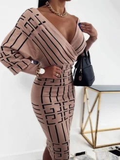 Women‘s Prom Semi Formal Party Dress Wedding Guest Dress Sheath Dress Midi Dress Brown Stripes Brown Plaid Black Long Sleeve Solid Color Pure Color Fall Spring V Neck Winter Dress 2023 S M L XL XXL