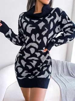Women's Sweater Dress Jumper Dress Casual Dress Mini Dress Fashion Leopard Outdoor Daily Going Out Turtleneck Long Sleeve 2023 Loose Fit Black Wine Khaki S M L -Party Prom Dresses Sales Store hesvwp1694756295915
