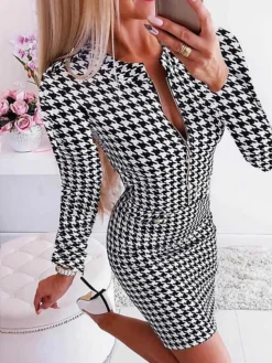 Women‘s Casual Dress Jacket Dress Sheath Dress Mini Dress Black Long Sleeve Houndstooth Zipper Spring Fall Autumn V Neck Fashion Winter Dress Fall Dress Slim 2023 S M L XL