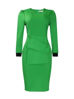 Women's Work Dress Sheath Dress Semi Formal Dress Fashion Office Daily Workfashion Midi Dress Button Crew Neck Long Sleeve Plain Slim Yellow Red Blue Fall Winter S M L XL XXL -Party Prom Dresses Sales Store hfmmdz1695030992042