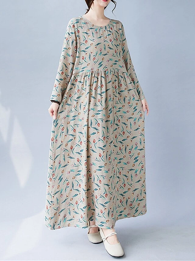 Women's Casual Dress Linen Dress Swing Dress Maxi Long Dress Linen Fashion Modern Outdoor Daily Holiday Crew Neck Print Long Sleeve Fall Winter Autumn 2023 Loose Fit Apricot Flower L XL 2XL 15 Women's Casual Dress Linen Dress Swing Dress Maxi Long Dress Linen Fashion Modern Outdoor Daily Holiday Crew Neck Print Long Sleeve Fall Winter Autumn 2023 Loose Fit Apricot Flower L XL 2XL - Image 15