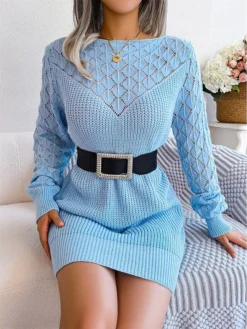 Women's Sweater Dress Winter Dress Jumper Dress Mini Dress Hollow Out Daily Date Going Out Active Fashion Off Shoulder Long Sleeve 2023 Loose Fit White Pink Blue Color S M L Size -Party Prom Dresses Sales Store hgsjly1692863461870