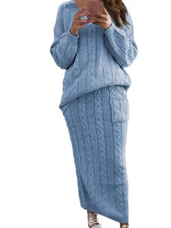 Women's Two Piece Dress Set Casual Dress Skirt Set Daily Holiday Fashion Streetwear Pocket Ribbed Long Dress Maxi Dress Crew Neck Long Sleeve Plain Loose Fit Black Yellow Wine Fall Winter S M L XL XXL -Party Prom Dresses Sales Store hguxrf1694165726842