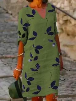 Women's Casual Dress Cotton Linen Dress Shift Dress Midi Dress Cotton Blend Fashion Modern Outdoor Daily Vacation V Neck Print Half Sleeve Summer Spring 2023 Regular Fit White Purple Brown Leaf S M L -Party Prom Dresses Sales Store hgywkq1684748764966