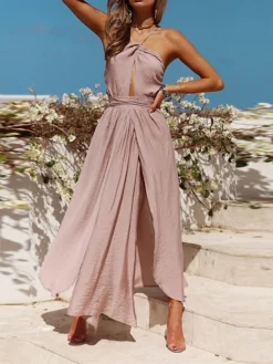 Women's Party Dress Casual Dress Swing Dress Long Dress Maxi Dress Pink Blue Sleeveless Pure Color Backless Summer Spring Halter Neck Vacation Slim 2023 S M L XL -Party Prom Dresses Sales Store hhayio1649924248580