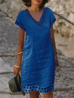 Women's Casual Dress Cotton Linen Dress Shift Dress Midi Dress Cotton Blend Fashion Basic Outdoor Daily Vacation V Neck Lace Up Hollow Out Short Sleeve Summer Spring 2023 Loose Fit Light Blue White -Party Prom Dresses Sales Store hhgyan1686212836010