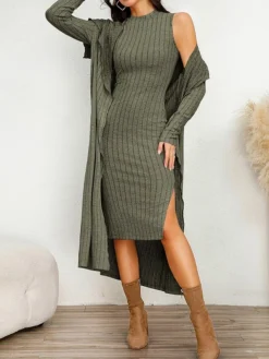 Women's Two Piece Dress Set Casual Dress Sheath Dress Home Daily Fashion Streetwear Split Midi Dress Stand Collar Long Sleeve Plain Slim Black Army Green Gray Fall Winter S M L XL XXL -Party Prom Dresses Sales Store hhrbga1695813704817