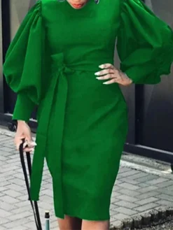 Women's Work Dress Casual Dress Sheath Dress Fashion Winter Dress Office Daily Midi Dress Lace Up Ruched Crew Neck Long Sleeve Plain Regular Fit Black White Red Fall Winter S M L XL XXL -Party Prom Dresses Sales Store hhtzgs1695635307771