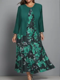 Women's Plus Size Two Piece Dress Set Casual Dress Swing Dress Outdoor Office Fashion Streetwear Print Midi Dress Crew Neck Long Sleeve Floral Regular Fit Burgundy Navy Blue Blue Fall Winter L XL XXL -Party Prom Dresses Sales Store hiapwc1697003813673