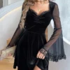 Women‘s Party Dress Velvet Dress Cocktail Dress Black Dress Mini Dress Long Sleeve Pure Color Ruched Fall Winter Autumn V Neck Fashion Winter Dress Birthday Wedding Guest 2023 S M L XL