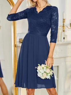 Women's Party Dress Lace Dress Cocktail Dress Long Dress Maxi Dress Black Wine Dark Blue 3/4 Length Sleeve Pure Color Ruched Summer Spring Fall V Neck Fashion Vacation Spring Dress 2023 S M L XL 2XL -Party Prom Dresses Sales Store hidxjx1682059489841