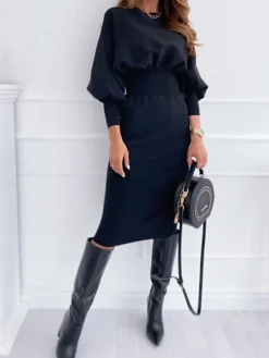 Women‘s Sweater Dress Winter Dress Black Blue Purple Pink Wine Gray Long Sleeve Pure Color Patchwork Winter Fall Crew Neck Casual 2022 S M L XL XXL 3XL